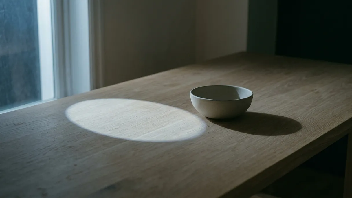 A pale ellipse of moonlight on a long oak table, falling just clear of a bone stoneware bowl and the round shadow it casts.